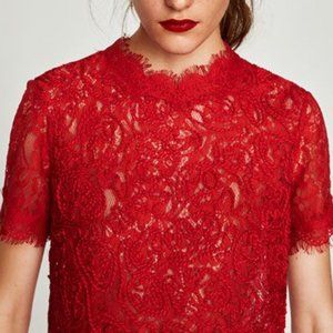 Zara Red Lace Embroidered Short Sleeve with Mock